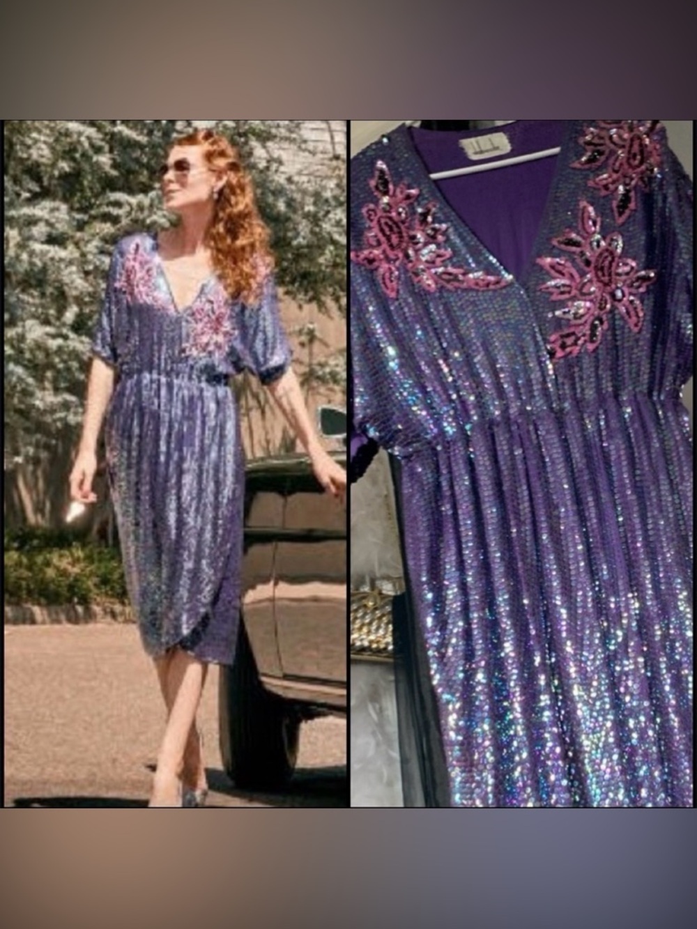 Vintage Silk & Sequins Purple Dress Hand Made